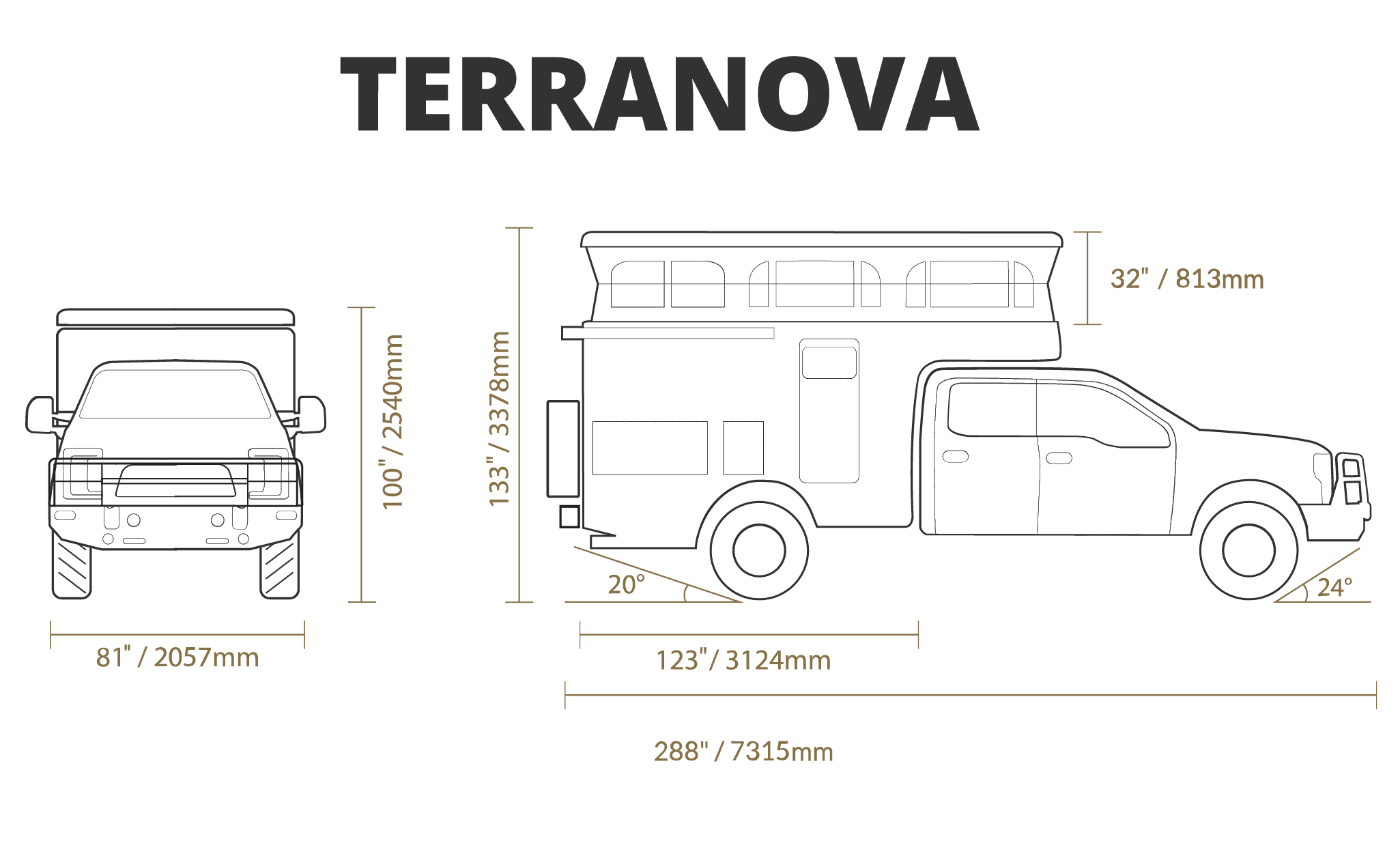 EarthCruiser Terranova Truck Camper - length, width and height